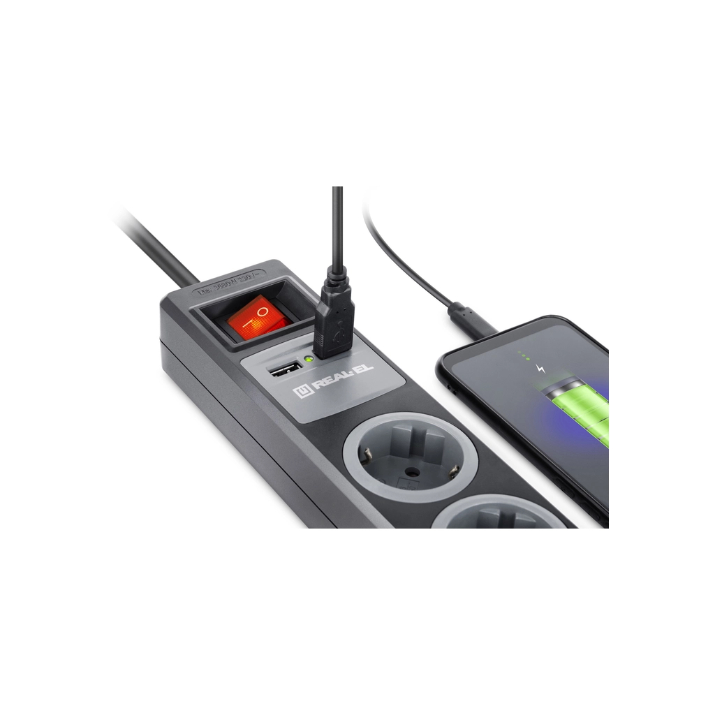 Мережевий подовжувач REAL-EL RS-3 USB CHARGE 1.8m, black (EL122500001) - зображення 6