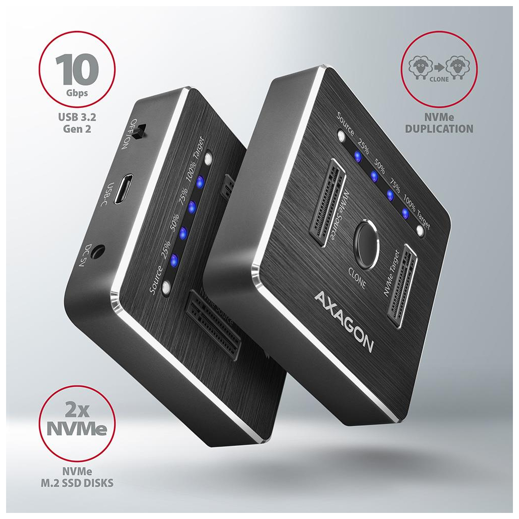 Док-станція для накопичувачів AXAGON SuperSpeed USB-C 10 Gbps dual M.2 NVMe (ADSA-M2C) - зображення 4
