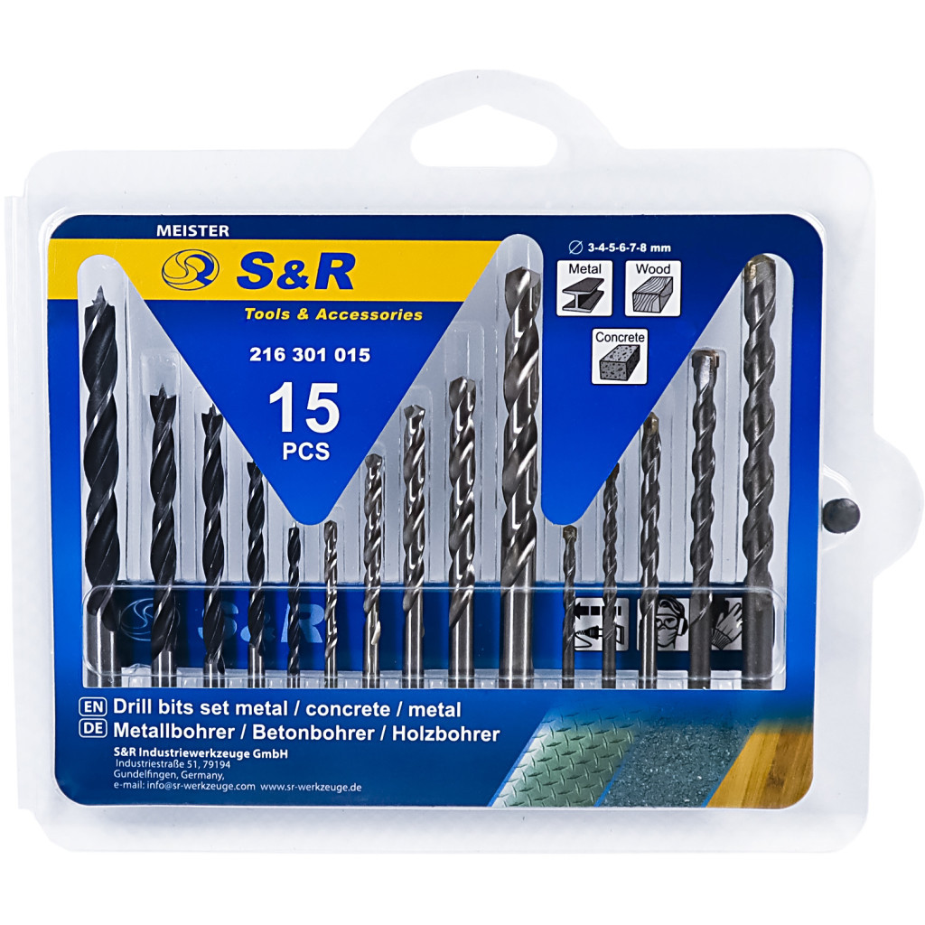 Набір свердл S&R Meister 15шт.:3,4,5,6,8мм мет/дер/бетон (216301015) - зображення 1