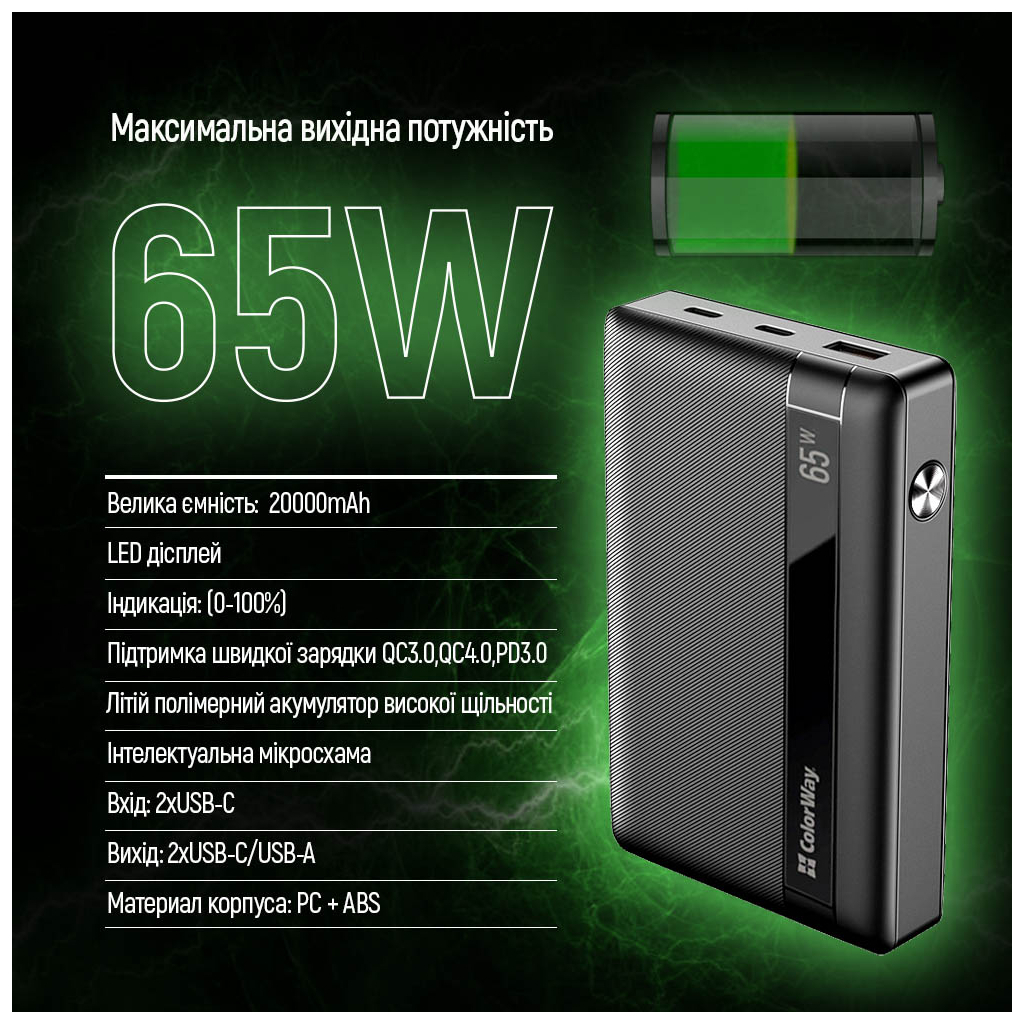 Батарея універсальна ColorWay 20 000 mAh PD/65W, QC/3.0, black (CW-PB200LPA3BK-PDD) - зображення 8
