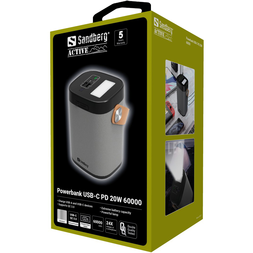 Батарея універсальна Sandberg 60000mAh, PD/20W, QC/3.0, USB-C, USB-A*2(22.5W total), flashlight 3W (420-71) - зображення 6