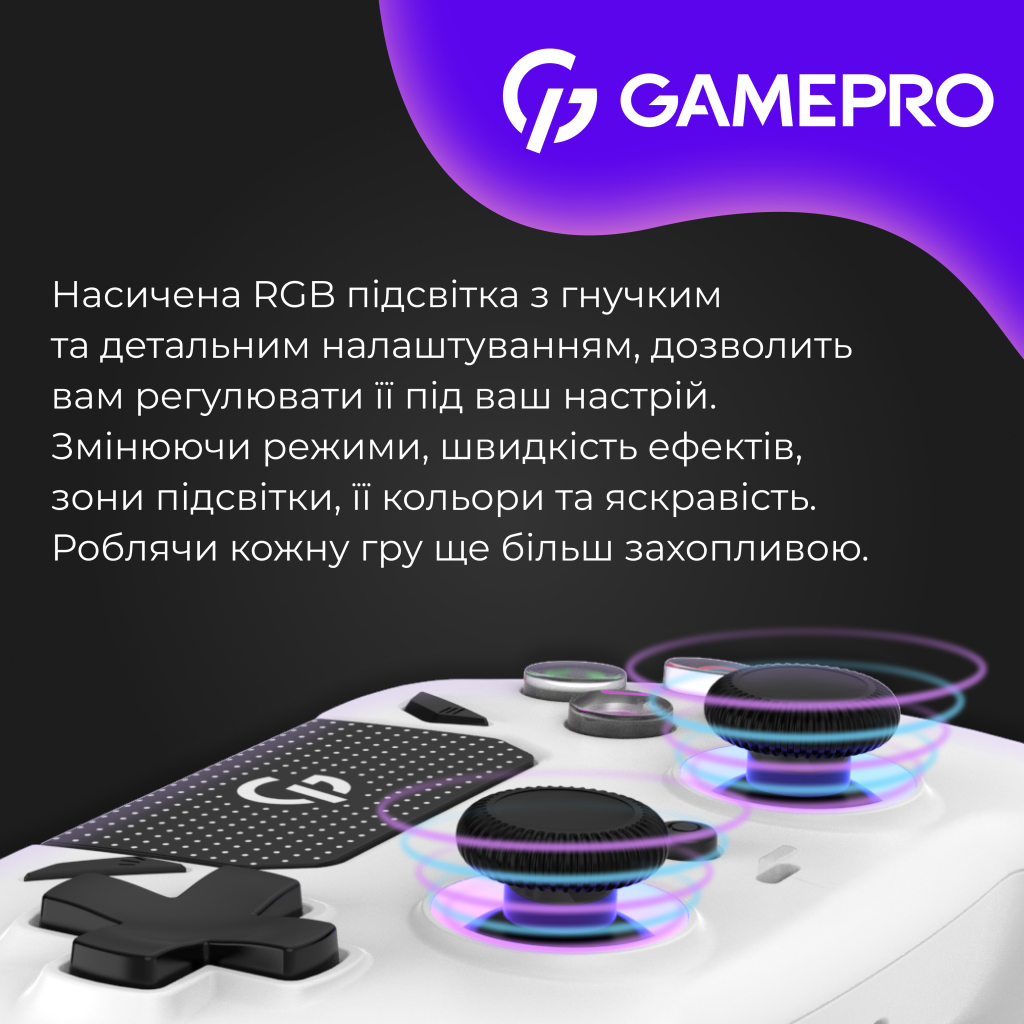 Геймпад GamePro із зарядною станцією 2.4G/BT 5.1/USB (Switch/PC/PS/iOS/Android) RGB White (GPS20W) - зображення 15