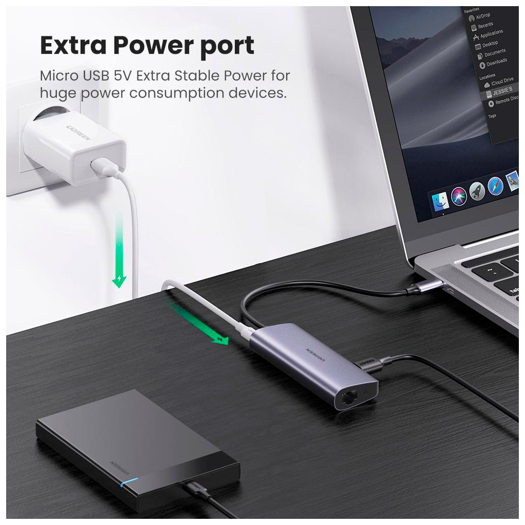 Концентратор Ugreen Type-C to 3хUSB 3.0 + RJ45 1000M Ethernet (60718) - зображення 5