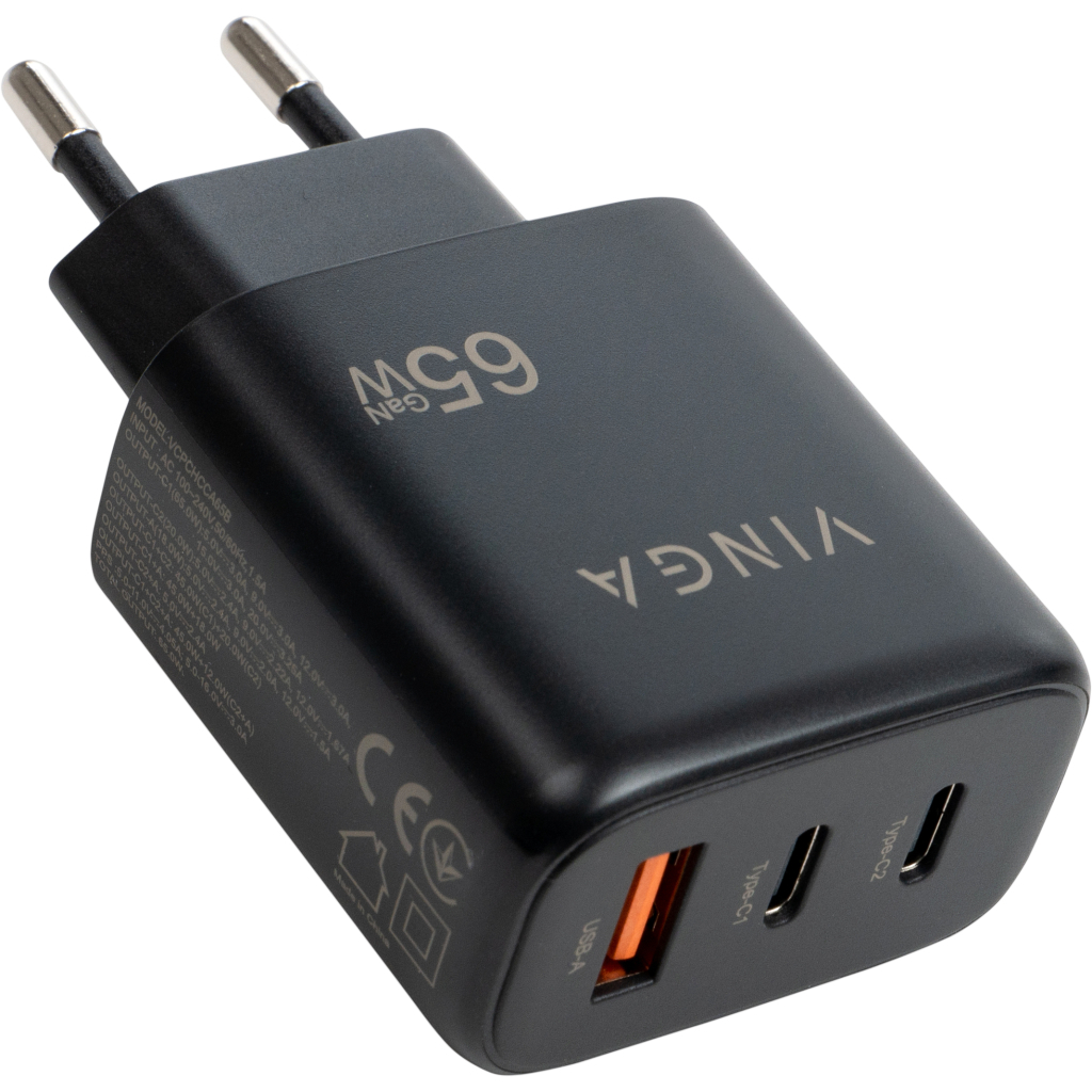 Зарядний пристрій Vinga GaN 65W PD+QC 2C1A ports Wall Charger (VCPCHCCA65B) - зображення 3
