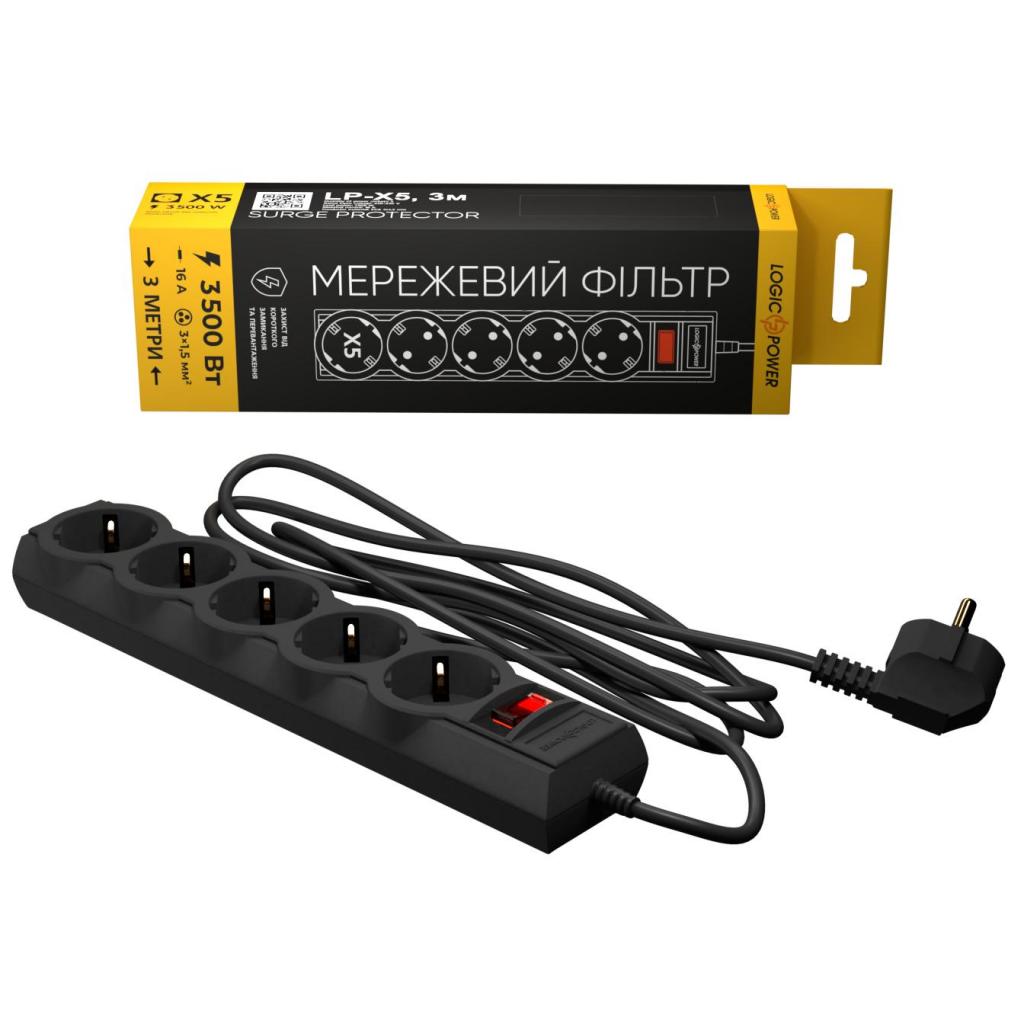 Мережевий фільтр живлення LogicPower LP-X5 PREMIUM, 3m black (9584) - зображення 1