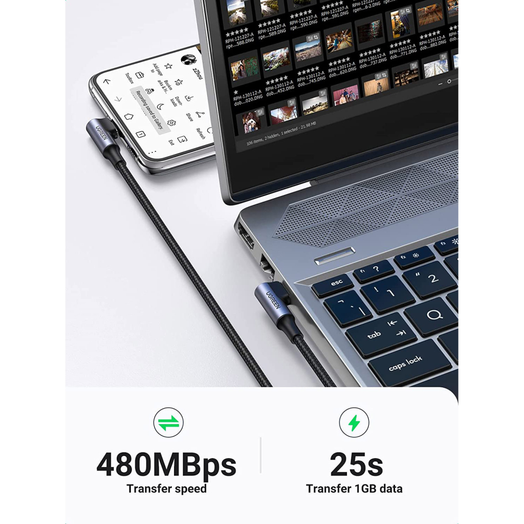 Дата кабель USB-C to USB-C 1.0m 100W (20V/5A) 90° corner braided black UGREEN (70696) - зображення 2