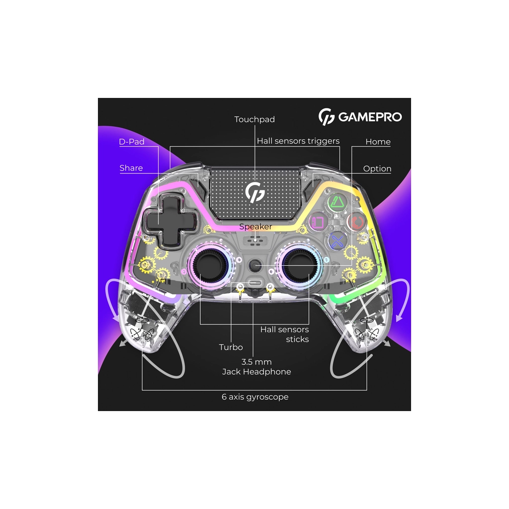 Геймпад GamePro GPS13T BT 5.3/USB/PC/iOS/Android/PS3/PS4 RGB Transparent (GPS13T) - изображение 11