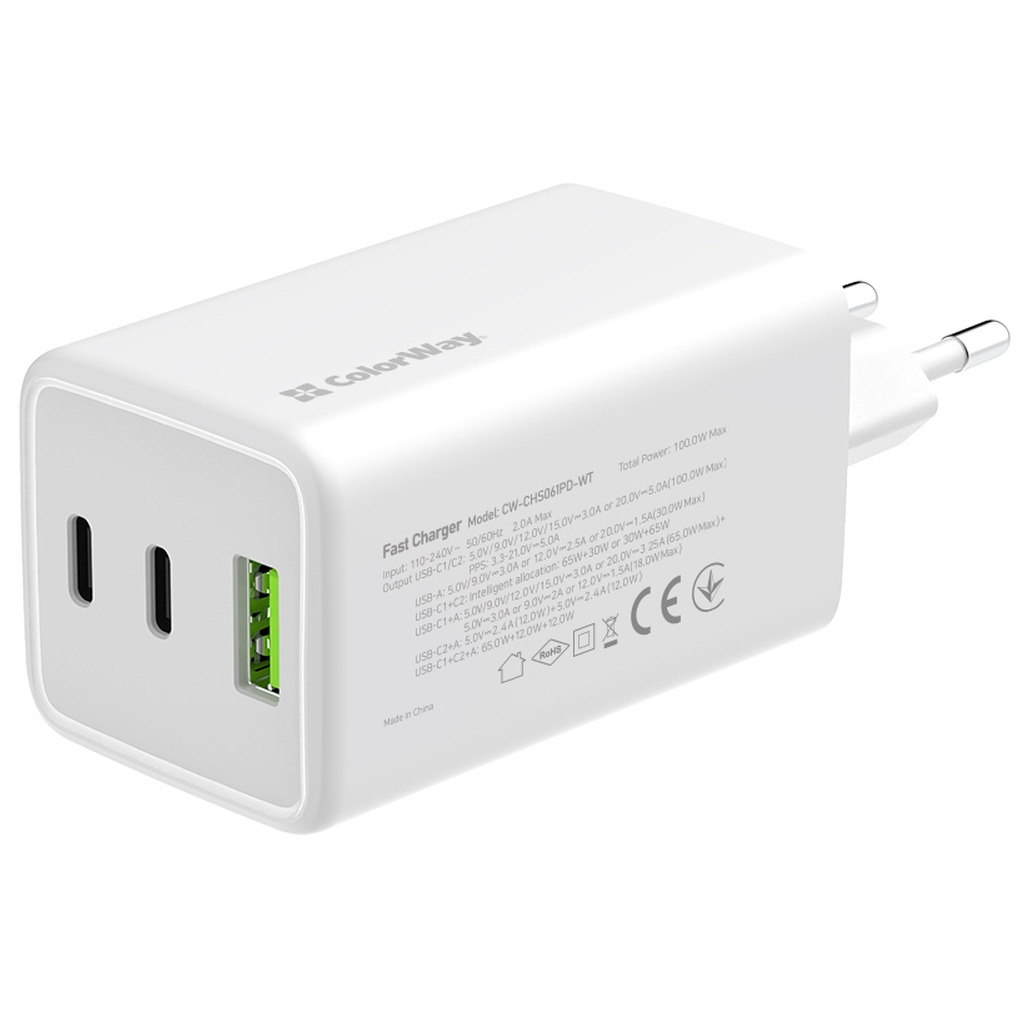 Зарядний пристрій ColorWay C101B GaN Mini 100W PD PPS 2xUSB-C + USB-A white (CW-CHS061PD-WT) - изображение 2