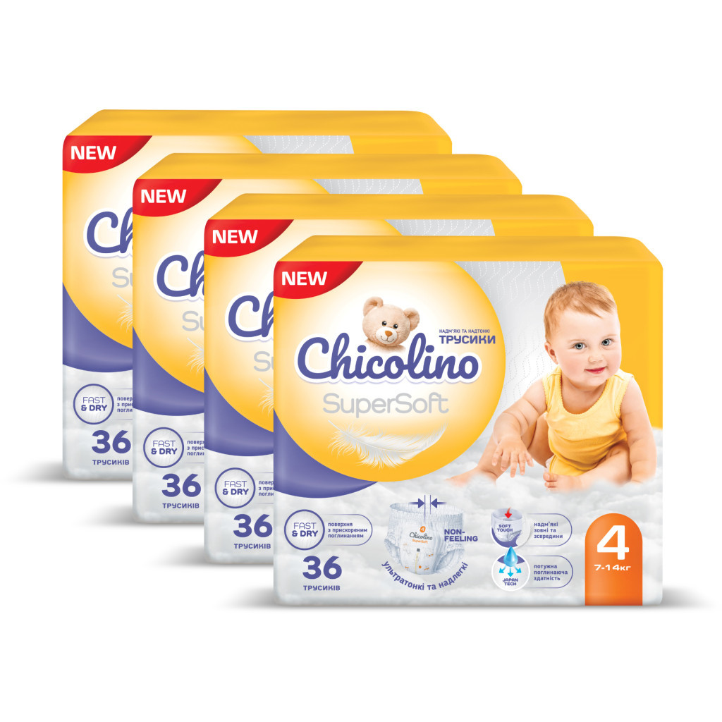 Підгузки Chicolino Super Soft Розмір 4 (7-14 кг) 36 шт, 4 Упаковки (4823098414650) - зображення 2