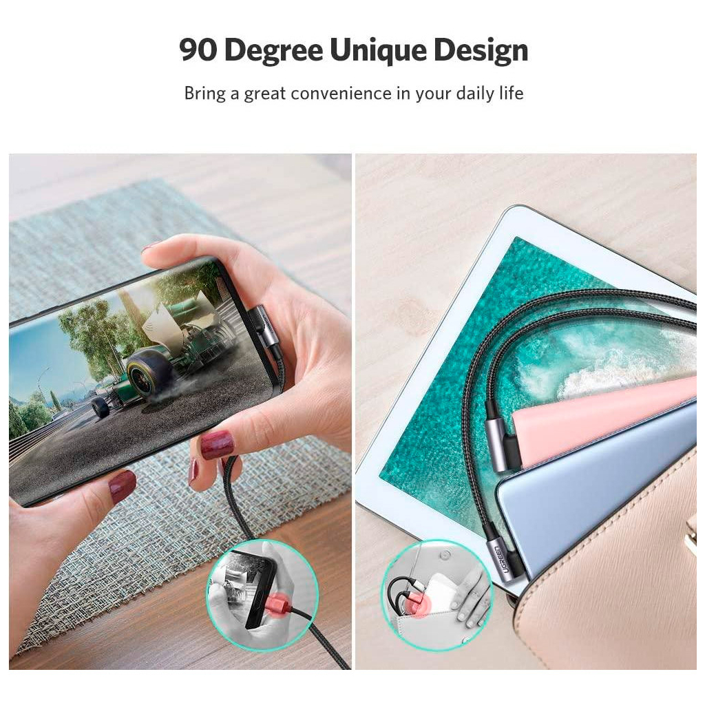 Дата кабель USB 2.0 AM to USB-C 3.0m 3A 90° corner US176 black Ugreen (70875) - зображення 9