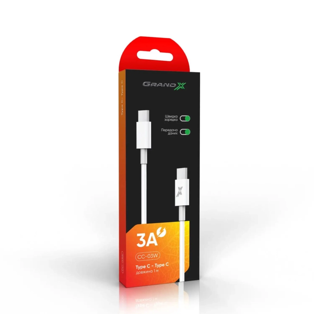 Дата кабель USB-C to USB-C 1.0m 20W CC-03W White Grand-X (CC-03W) - зображення 3