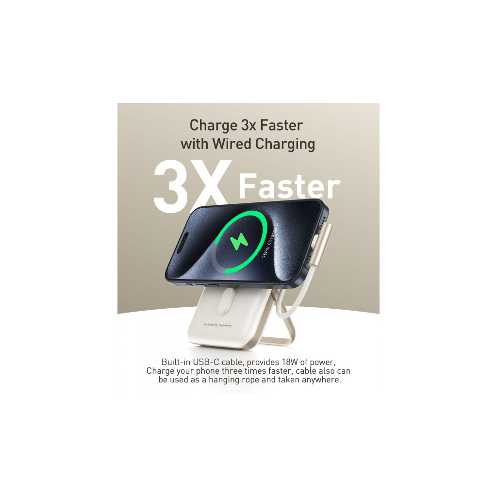Батарея універсальна Choetech Magnetic Wireless 10000mAh 20W, PD, Qi-15W, USB-C In/Out, buid-in cabel, White (B735-CCWH) - зображення 5