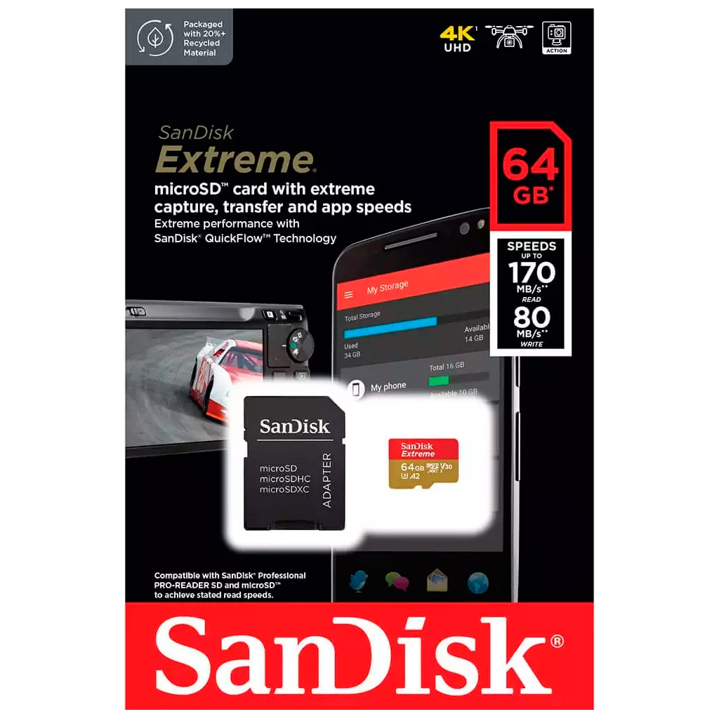 Карта пам'яті SanDisk 64GB microSD class 10 UHS-I Extreme For Action Cams and Dro (SDSQXAH-064G-GN6AA) - изображение 5