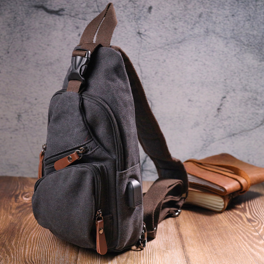 Сумка Vintage Через плече з кабелем USB текстильна Чорна (21221) - зображення 7