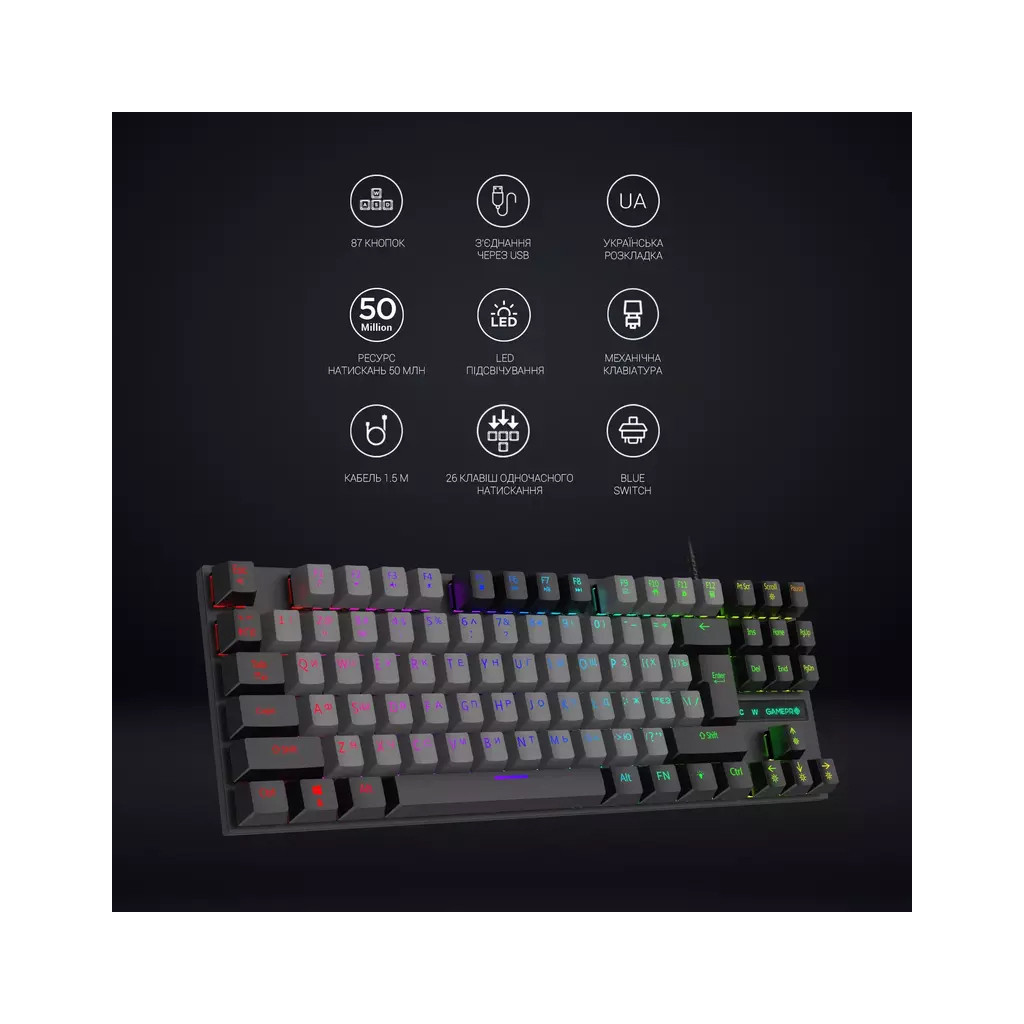Клавіатура GamePro MK100B Blue Switch LED USB Black (MK100B) - зображення 8