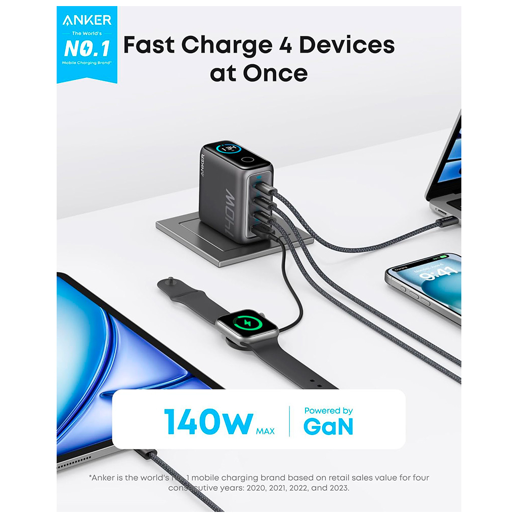 Зарядний пристрій Anker Laptop GaN 140W 3xUSB-C PD3.1 + USB-A + display + cable Black (B2697GZ1) - зображення 2