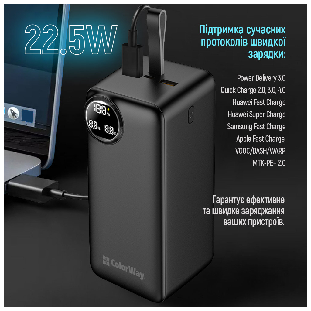 Батарея універсальна ColorWay 50 000 mAh PD/22.5W, QC/3.0, black (CW-PB500LPA4BK-PDD) - зображення 8