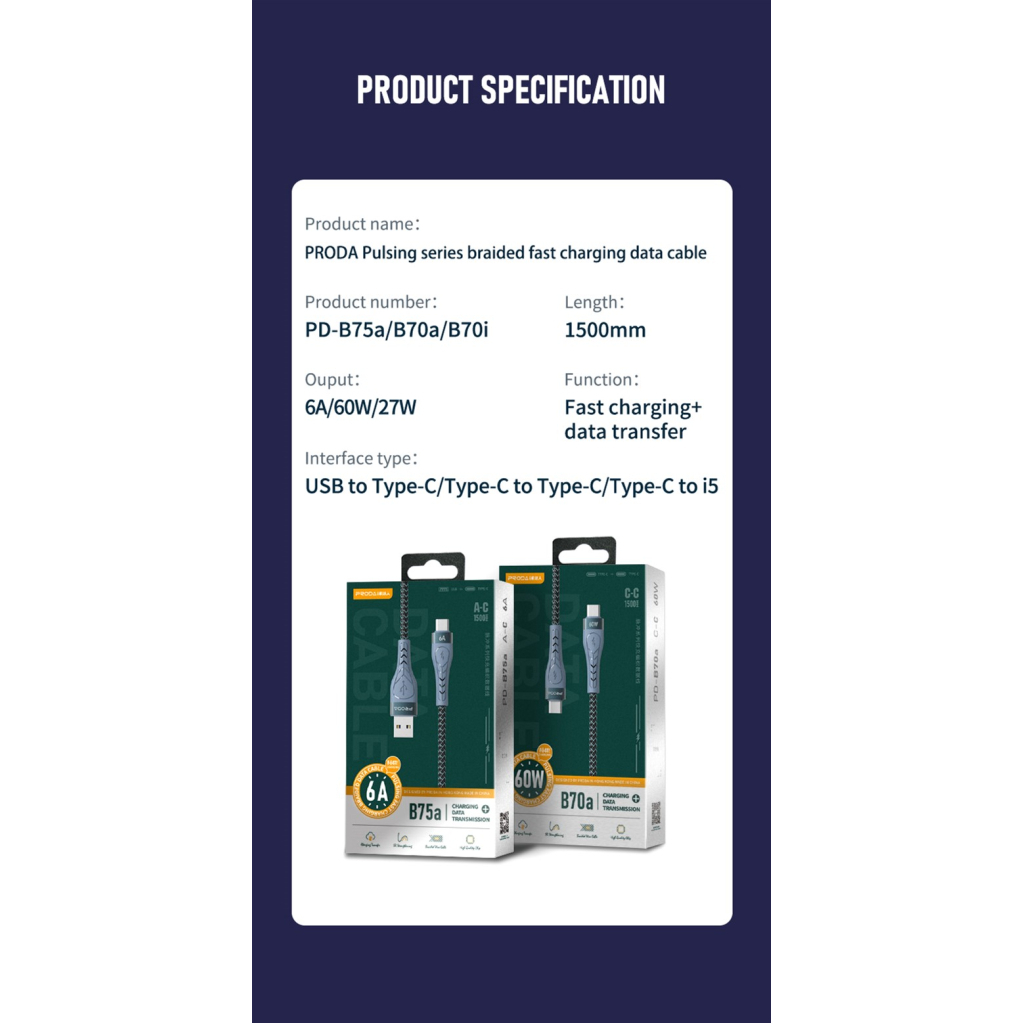 Дата кабель USB-C to Lightning 1.5m PD-B70i 27W 5А black Proda (PD-B70i-GR) - зображення 4