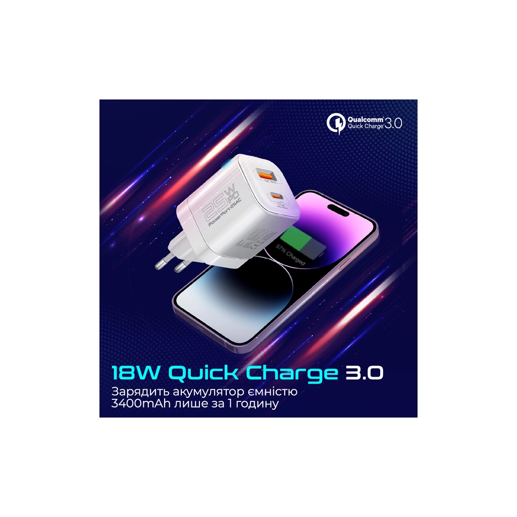 Зарядний пристрій Promate USBC PD25W + USBA QC3.0 18W White (powerport-25ac.white) - зображення 5