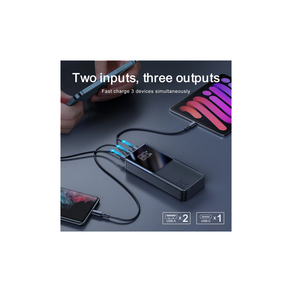 Батарея універсальна JOYROOM 20000mAh 22,5W PD, QC/3.0, 2*USB-A, Micro-USB, USB-C In/Out Black (JR-QP192) - picture 7