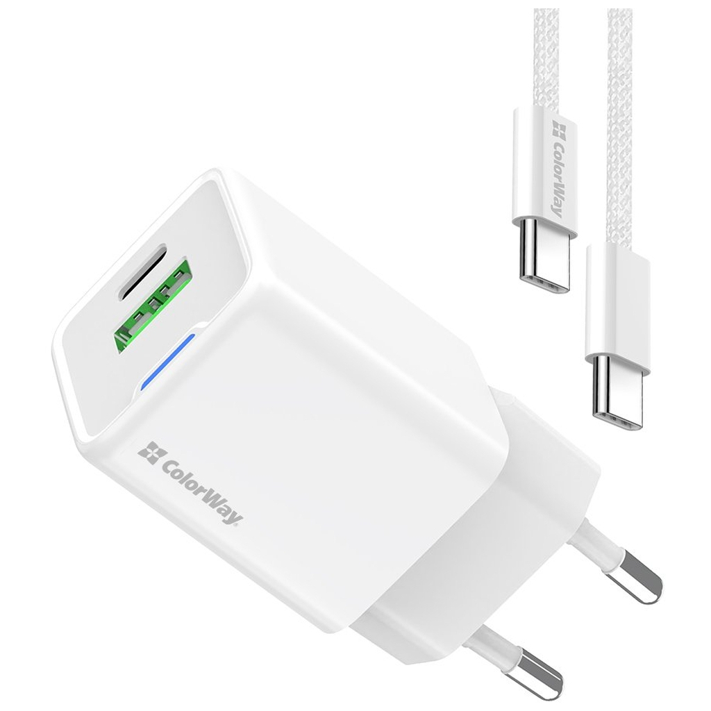 Зарядний пристрій ColorWay C101A GaN Mini 20W PD PPS USB-C + USB-A QC4.0 + cable USB-C to USB-C black (CW-CHS062PDC-WT) - изображение 1