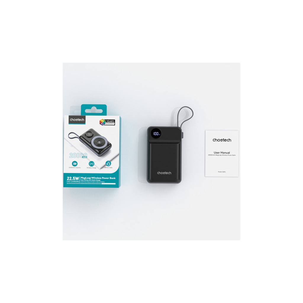 Батарея універсальна Choetech Magnetic Wireless 20000mAh 22.5W, PD, QC/3.0, Apple Watch charger, Black (B696-BK) - зображення 3