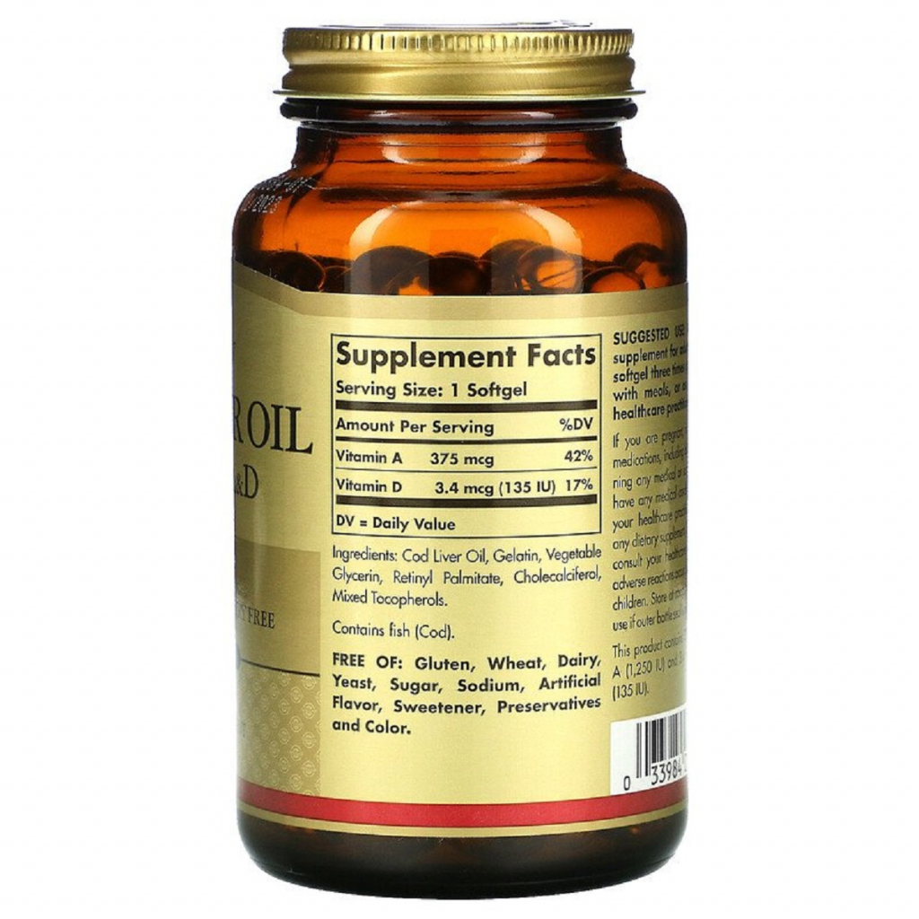 Вітамін Solgar Масло печінки тріски з вітамінами A і D, Cod Liver Oil & Vit (SOL-00941) - зображення 2