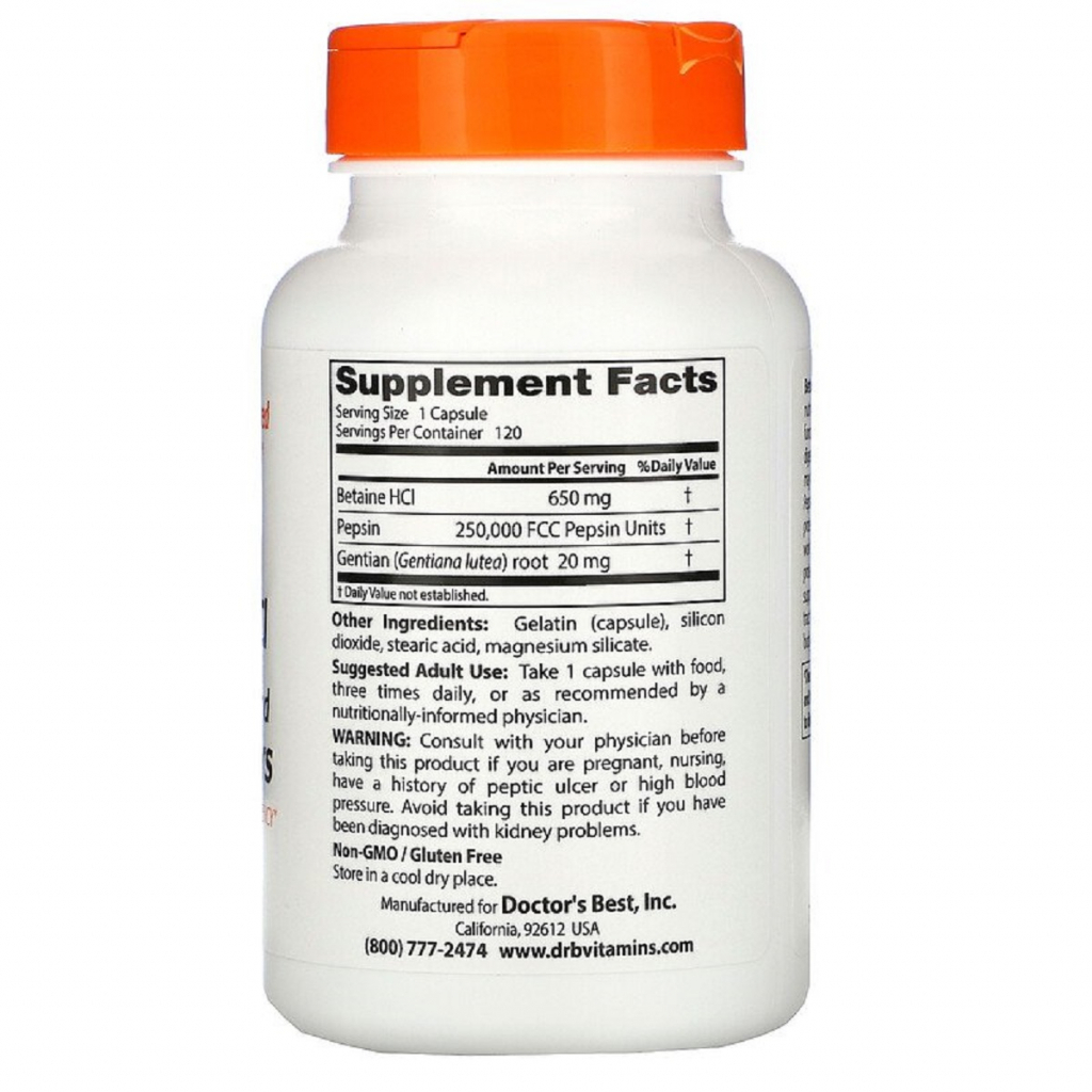 Пробіотики Doctor's Best Бетаїн HCL та Пепсин, Betaine HCL & Pepsin, 120 капсул (DRB-00163) - зображення 2