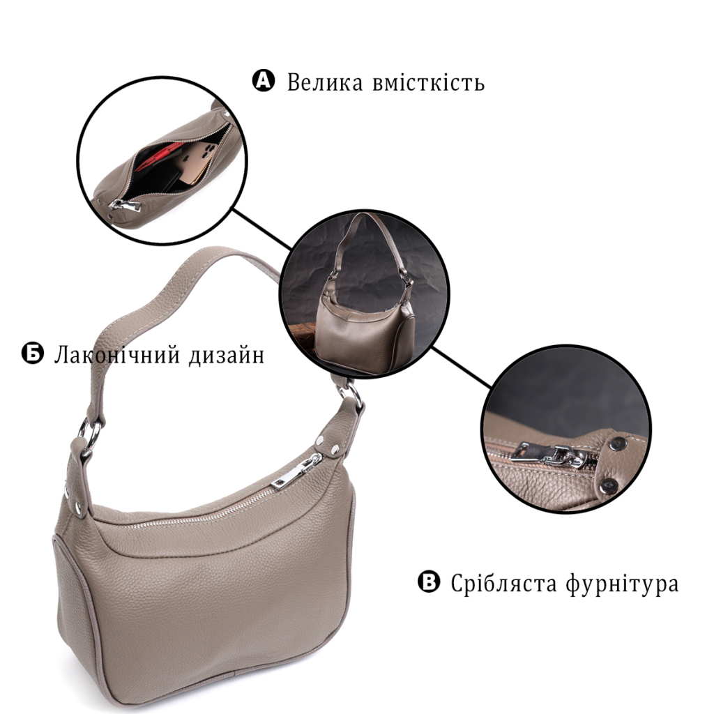 Сумка Vintage Шкіряна жіноча напівкруглого формату з однією ручкою Сіра (22412) - зображення 4