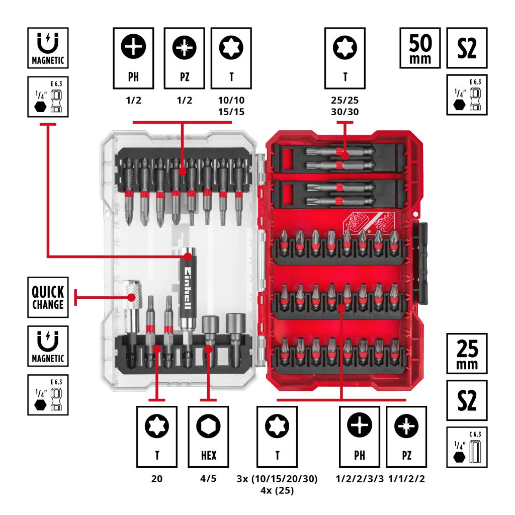 Набір біт Einhell 42шт, HEX, PH, PZ, Torx, 50мм, кейс (118953) - зображення 9