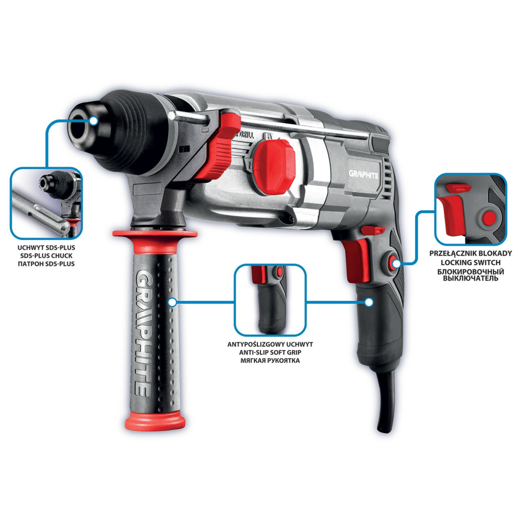 Перфоратор Graphite SDS-plus, 900Вт, 3.4Дж, кейс 6.1кг (58G539) - изображение 10