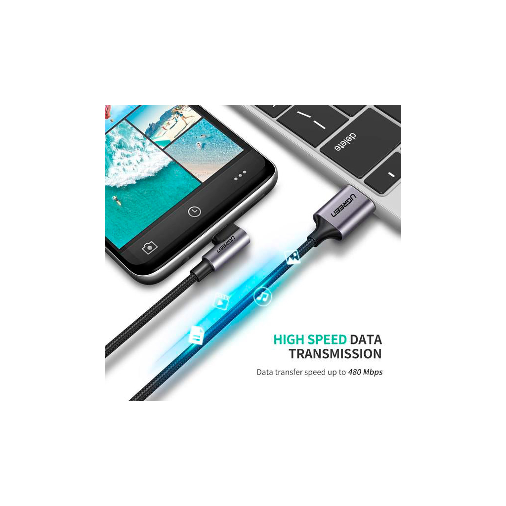 Дата кабель USB 2.0 AM to USB-C 3.0m 3A US284 90° corner black Ugreen (70255) - зображення 4