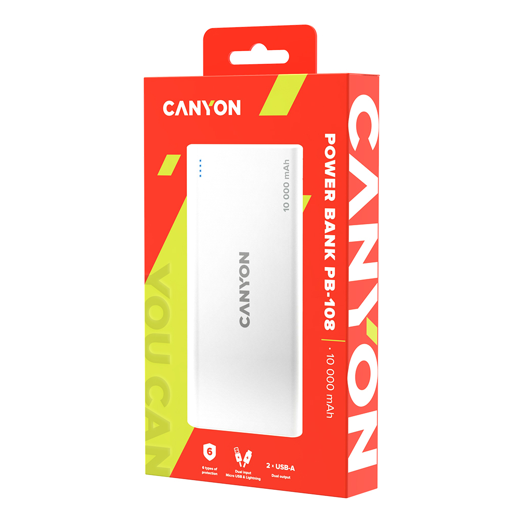 Батарея універсальна Canyon PB-108 10000mAh, Input 5V/2A, Output 5V/2.1A(Max), white (CNE-CPB1008W) - зображення 4