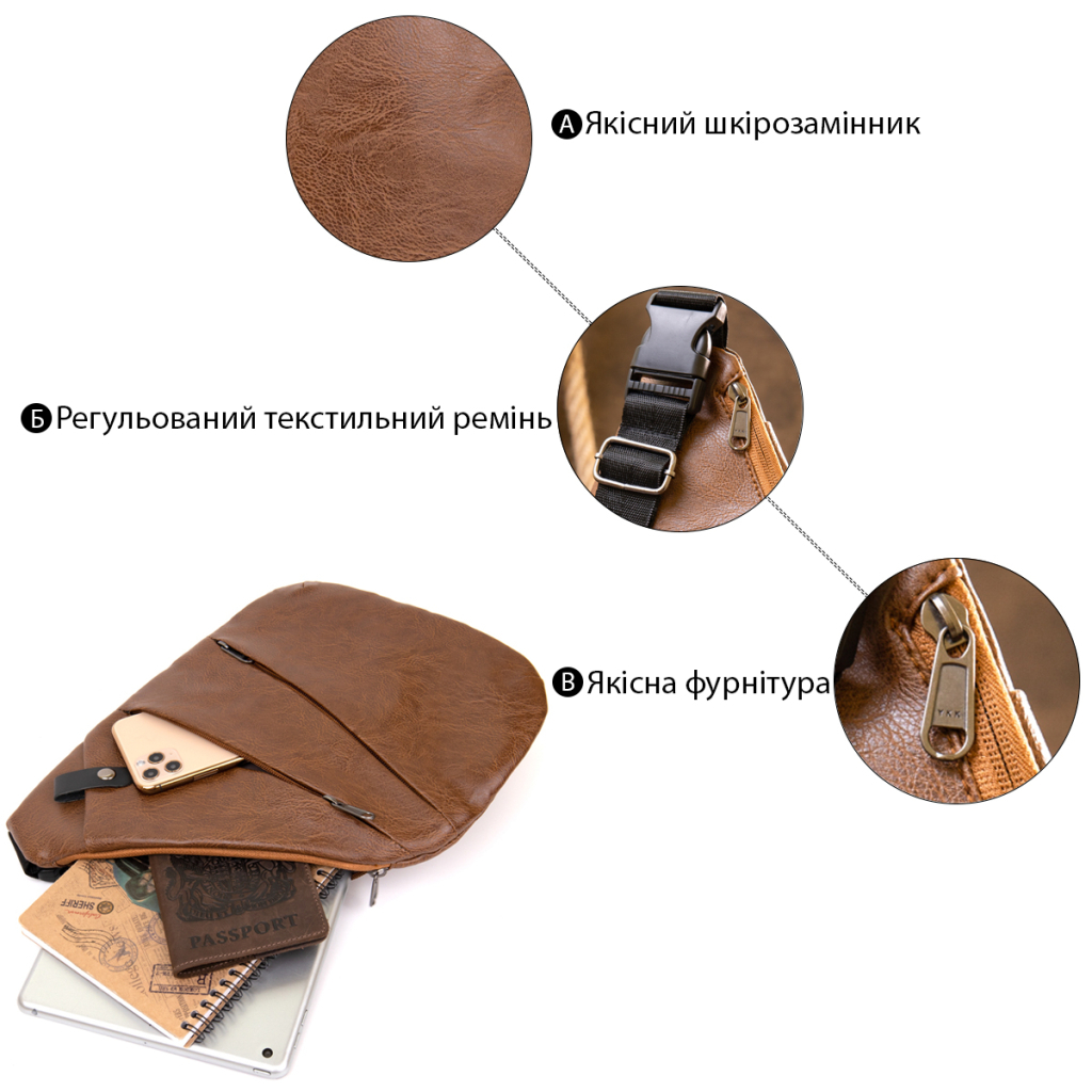 Сумка Vintage Слінг шкірозамінник Світло-коричнева (20567) - зображення 4