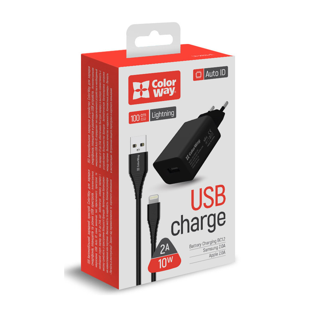 Зарядний пристрій ColorWay 1USB AUTO ID 2A (10W) black + cable Lightning (CW-CHS012CL-BK) - зображення 8