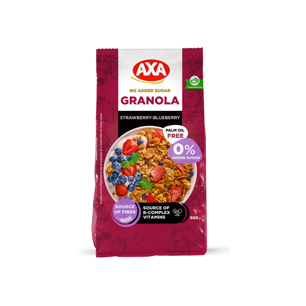 Гранола АХА з полуницею та чорницею без цукру з підсолоджувачем 300 г (4820237693136) - зображення 1
