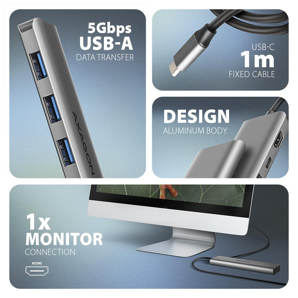 Концентратор AXAGON USB-C to 3xUSB-A + HDMI 5Gbps + PD 100W 1.0m grey (HMC-5H) - зображення 3