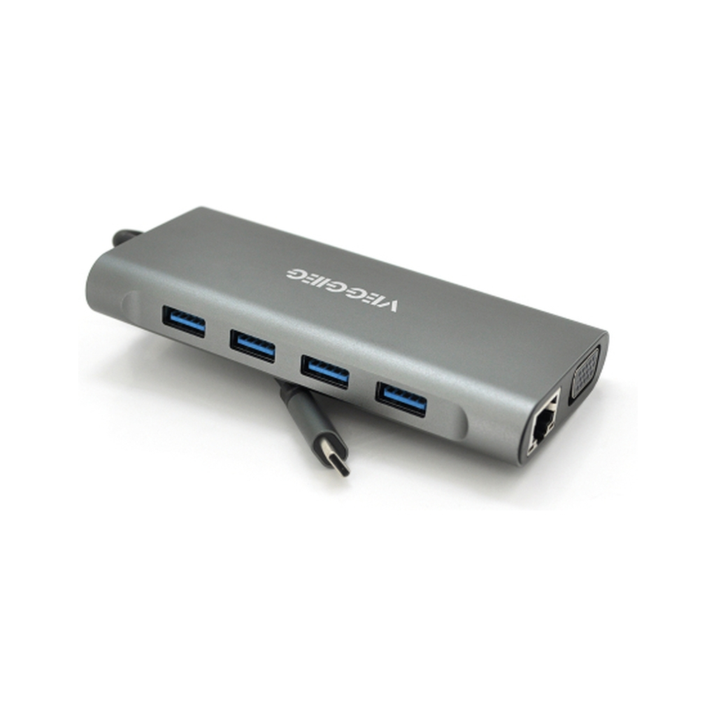 Концентратор VEGGIEG USB-C 7-in-1 USB-C + 3xUSB 3.0 + HDMI + 3.5mm + SD/TF + RJ45 0.1m silver (TC11-S) - зображення 1