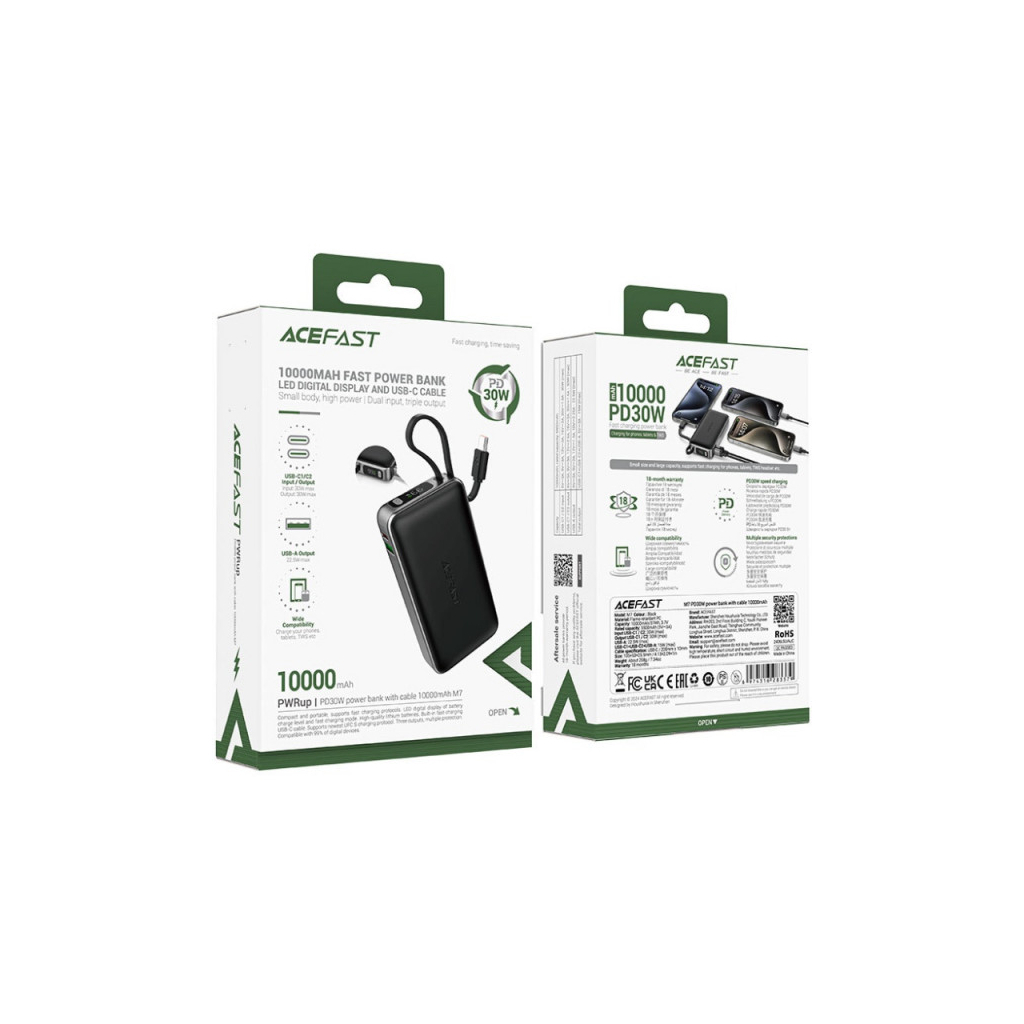 Батарея універсальна Acefast 10000mAh 30W PD, USB-C witch cable, USB-A, Li-Pol, M7 Black (6974316283379) - picture 4