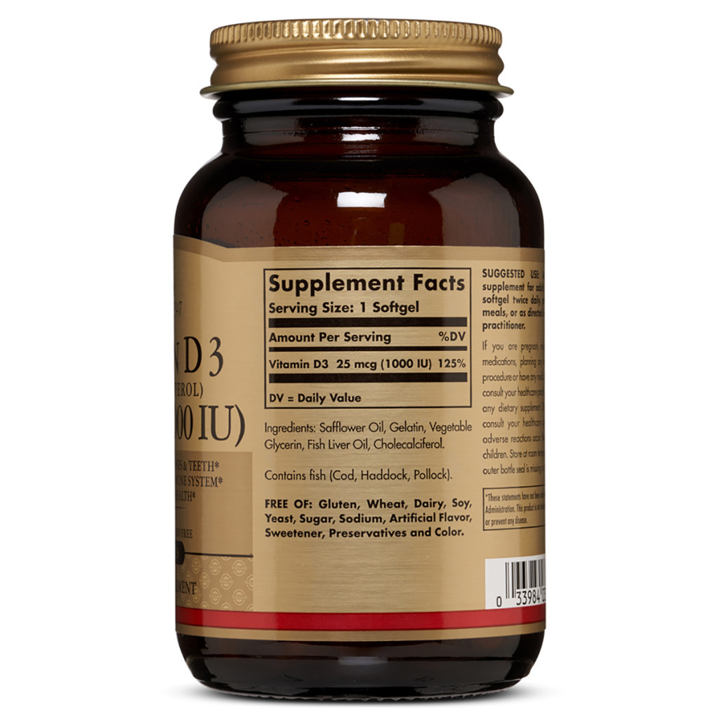 Вітамін Solgar Вітамін D3, Cholecalciferol, 25 мкг, 1,000 МE, 100 гелевих к (SOL03340) - зображення 2