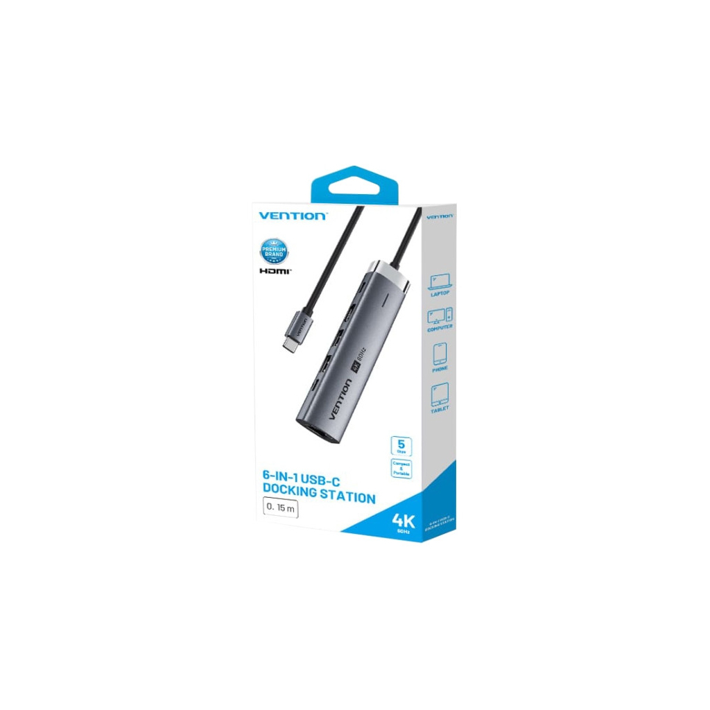 Концентратор VENTION USB-C 6-in-1 HDMI + 2xUSB 3.0 + RJ45 + PD 100W (TGNHB) - зображення 3