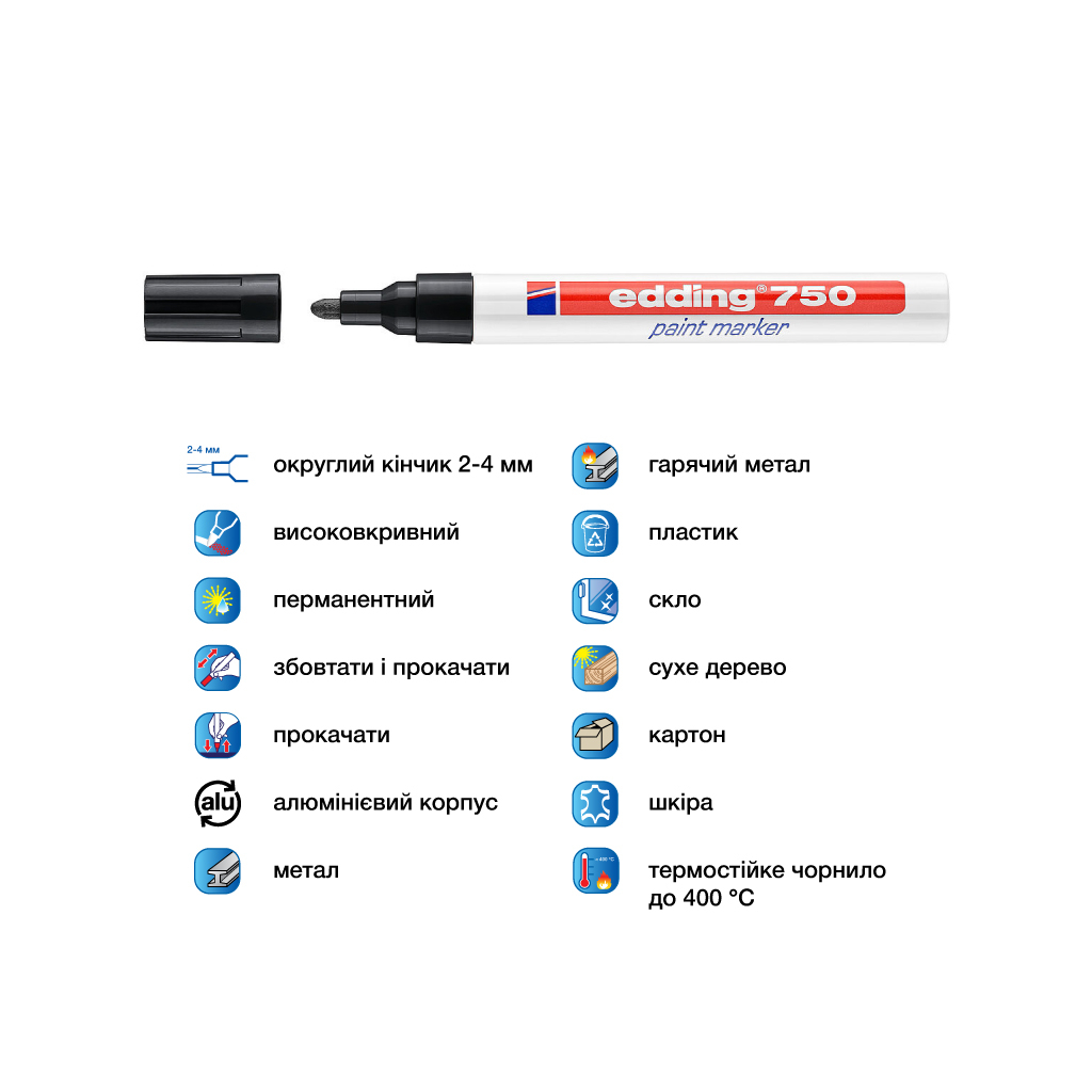 Маркер Edding Paint 2-4 мм круглий чорний (e-750/01) - зображення 4