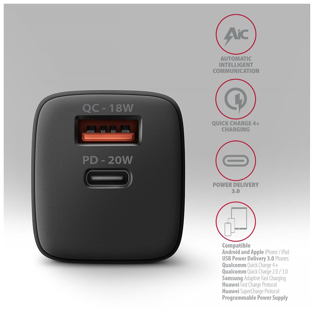 Зарядний пристрій AXAGON 1xUSB QC3.0 + 1xUSB-C PD20W black (ACU-PQ20) - зображення 5