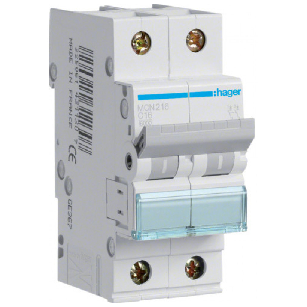 Автоматичний вимикач Hager 2-п. C 16A (6kA) 2M (A) (MCN216) - зображення 1