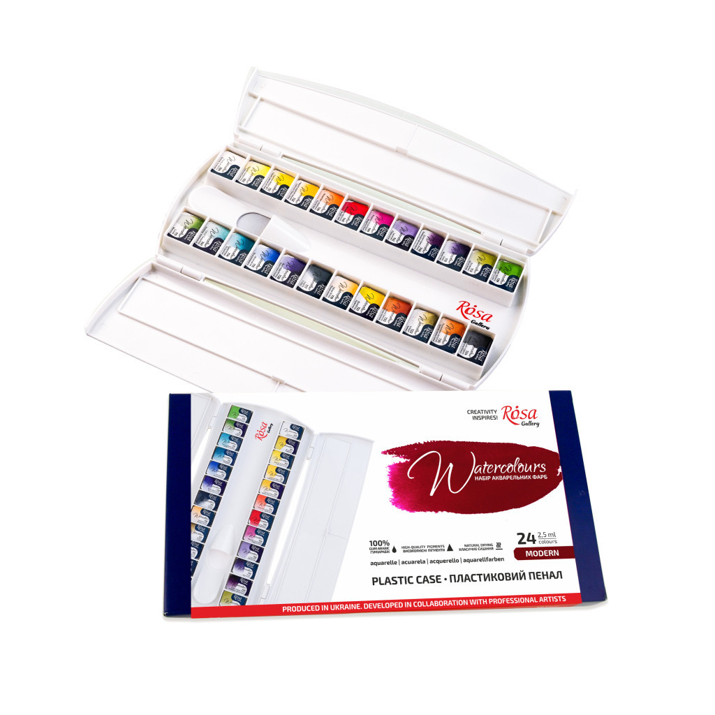Акварельні фарби Rosa Gallery Modern 24 кольри по 2,5 мл кювет, пенал (4823098541110) - изображение 2