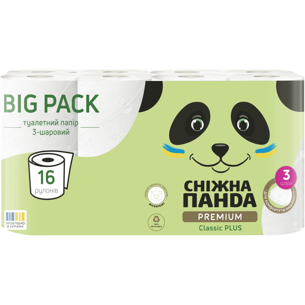 Туалетний папір Сніжна Панда Premium Classic Plus 3 шари 16 рулонів (4820183972842) - зображення 1