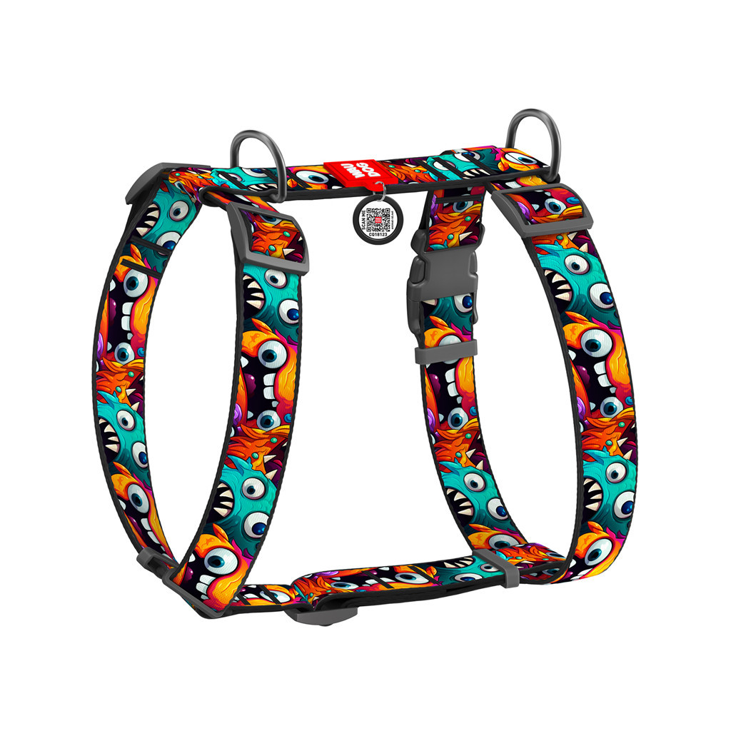 Шлея для собак WAUDOG Nylon з QR-паспортом анатомічна H-подібна "Зубасті монстри" пластиковий фастекс S (320-4048) - зображення 1