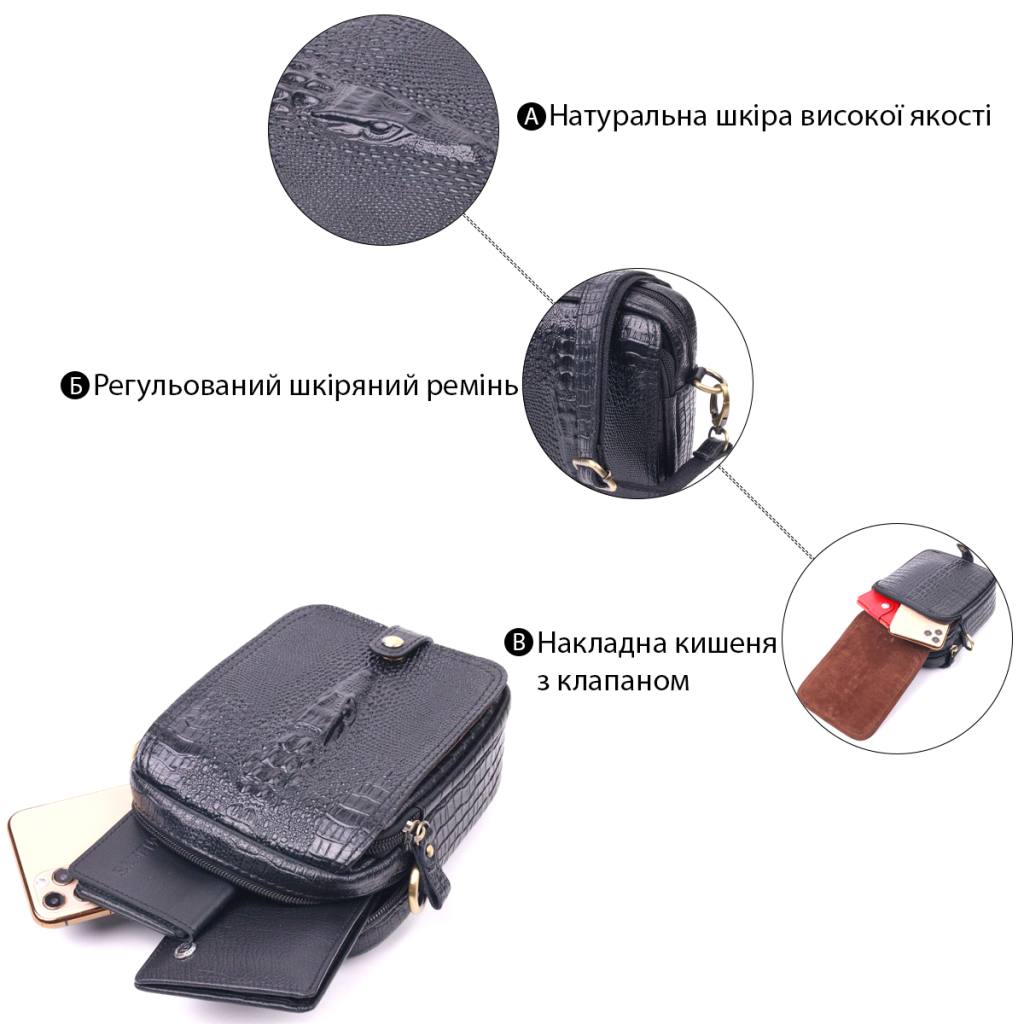 Сумка Vintage Невелика чоловіча з натуральної шкіри з фактурою під крокодила Чорна (21299) - зображення 5