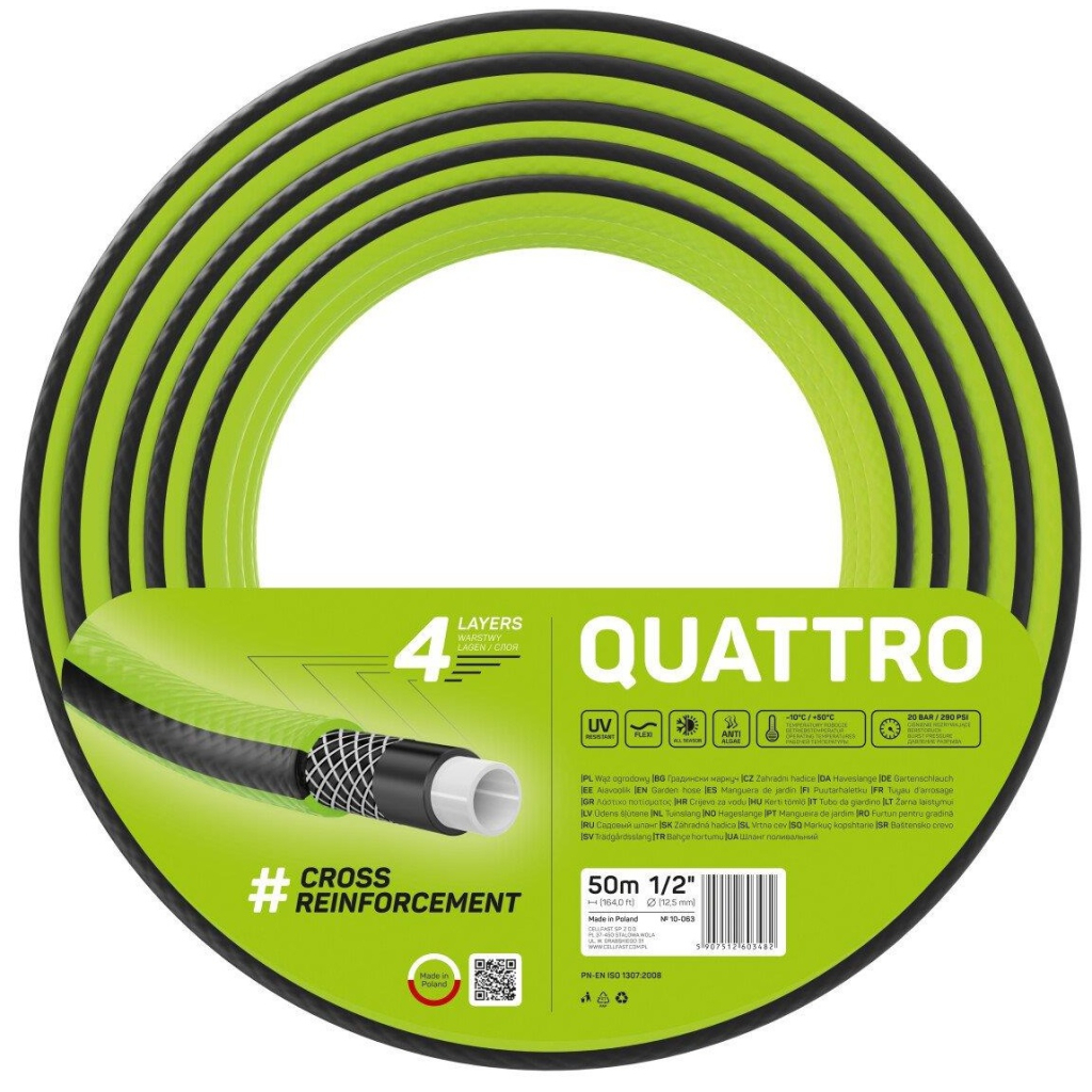 Шланг для поливу Cellfast QUATTRO, 1/2', 50м, 4 шари, до 20 Бар, -10…+50°C (10-063) - изображение 1