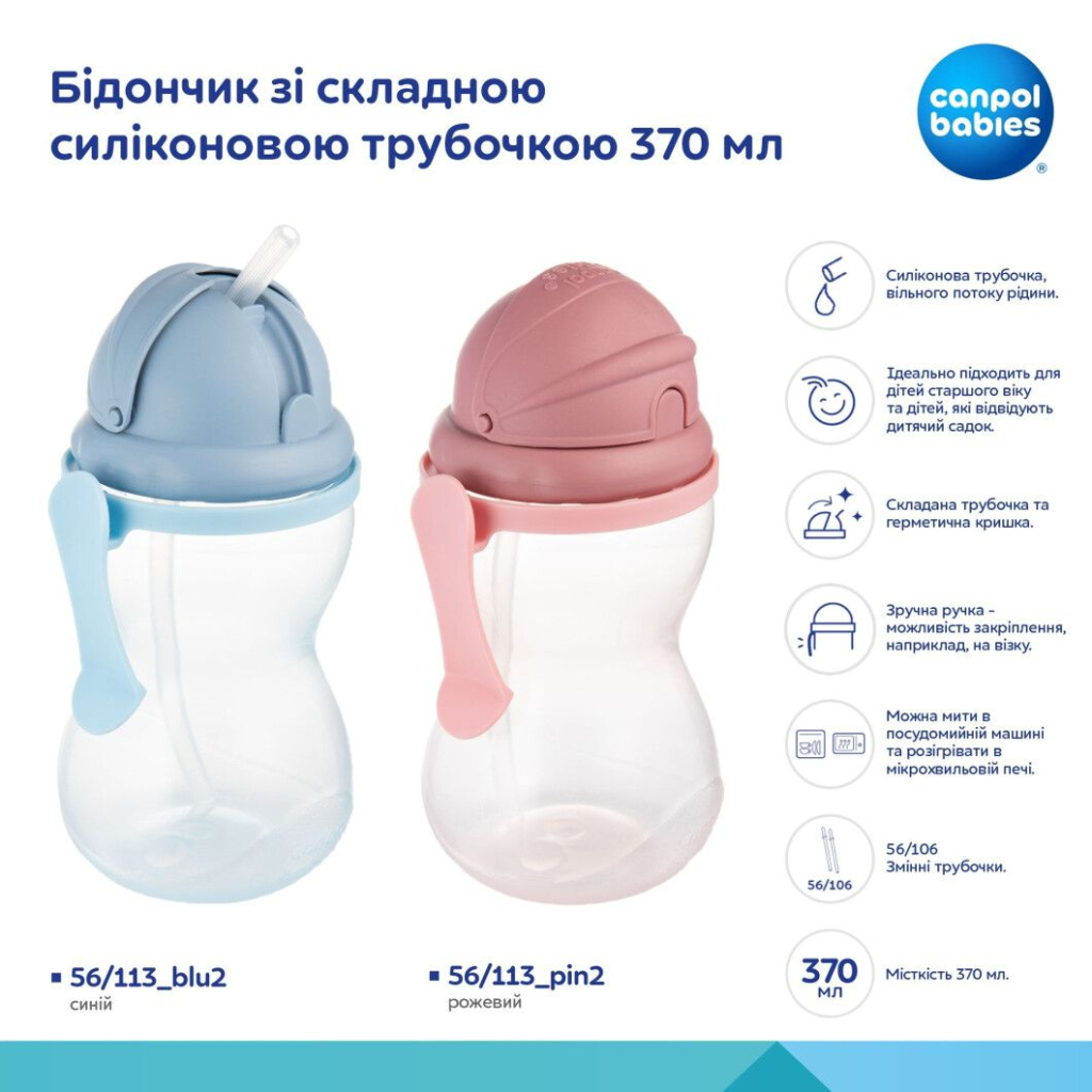Поїльник-непроливайка Canpol babies зі складною силіконовою трубочкою, синя 370 мл (56/113_blu2) - зображення 5
